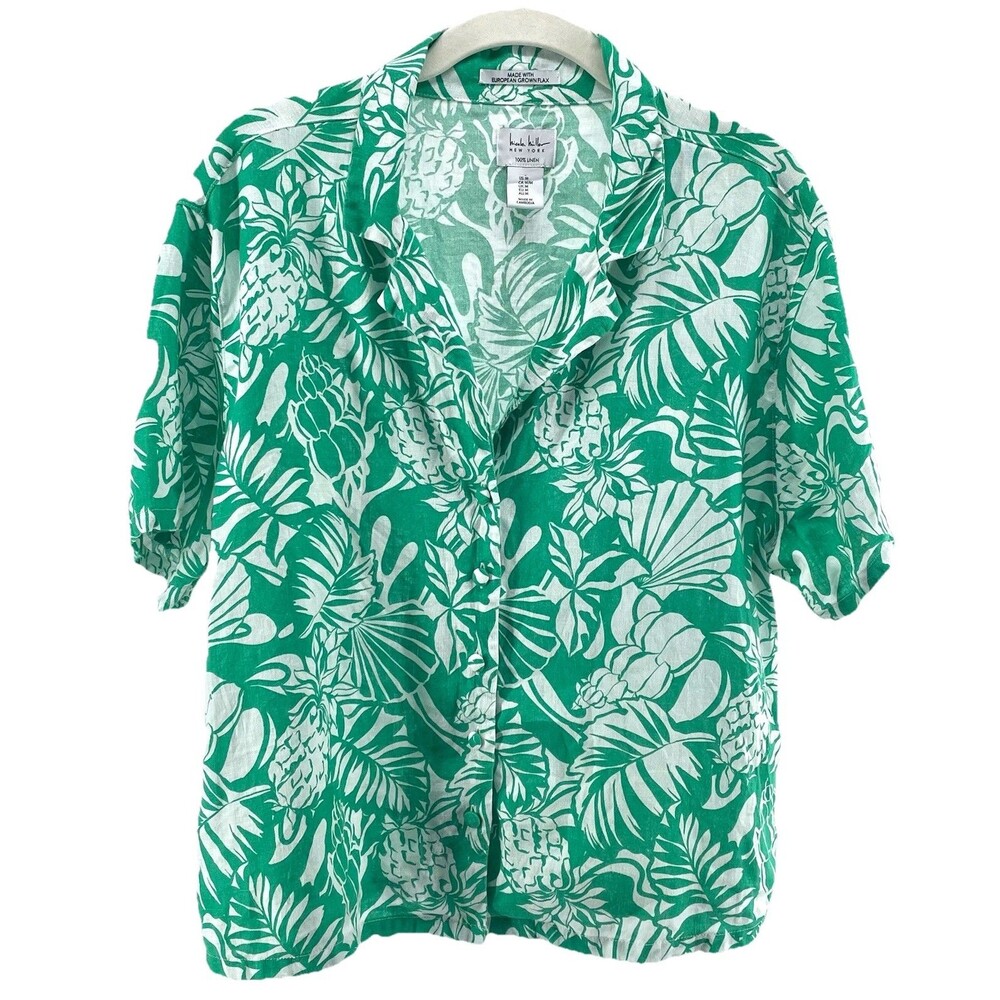 Nicole Miller Linen Tropical Resort Cruise Coastal Blouse Green White Size M EUC